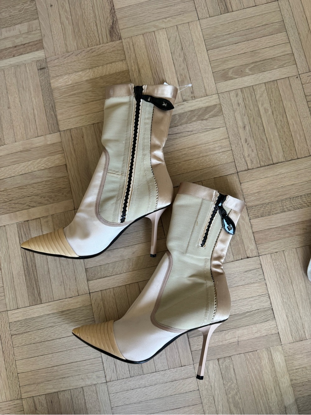 Authentic Louis Vuitton Two-Tone Beige and Cream Pointed Stiletto Ankle Boots